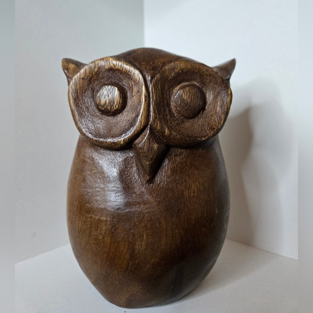 Hand-Carved Brown Wooden Owl Sculpture - Home Art Decor